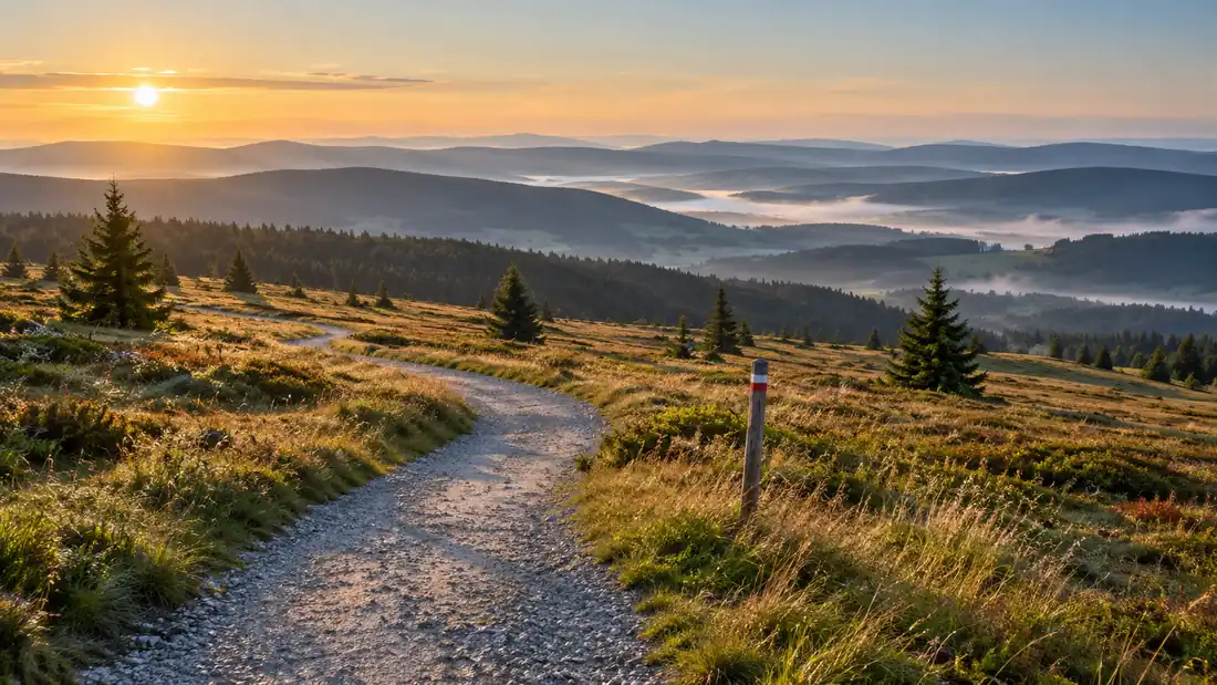 Štěrková cesta s červenou turistickou značkou vede přes otevřenou šumavskou pláň