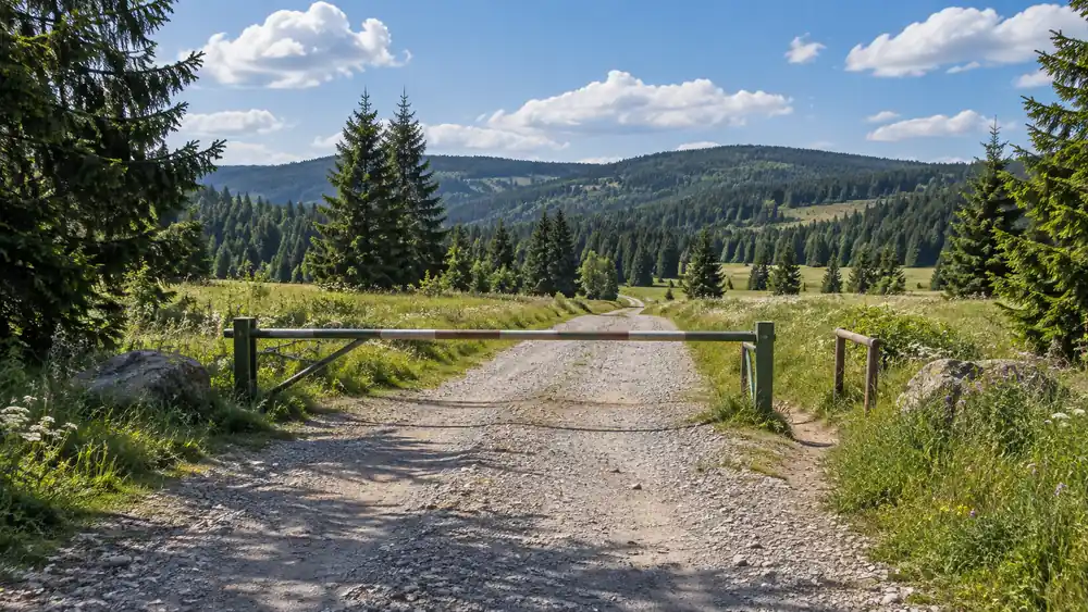 Široká šotolinová lesní cesta uzavřená spuštěnou kovovou závorou, za ní louky, smrky a zaoblené zalesněné hřbety